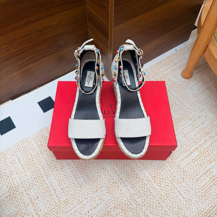 VALENTINO 26S ESPADRILLE WEDGE SANDALS 95 MM IN WHITE SUEDE WITH ROCKSTUDS