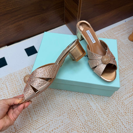 AQUAZZURA 26S CELESTE SLIDE SANDALS 55 MM IN COPPER GOLD CALFSKIN