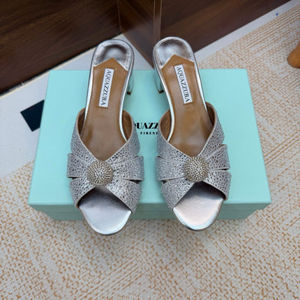 AQUAZZURA 26S CELESTE SLIDE SANDALS 55 MM IN SILVER CALFSKIN