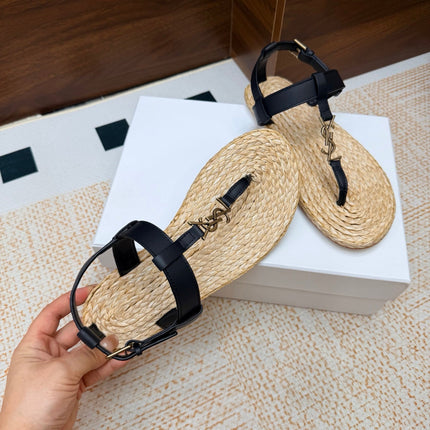 YSL 26S THONG SANDALS IN BEIGE RAFFIA AND BLACK CALFSKIN