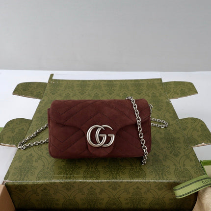 GUCCI 26S GG MARMONT MINI SHOULDER BAG 16 IN DARK BROWN SUEDE