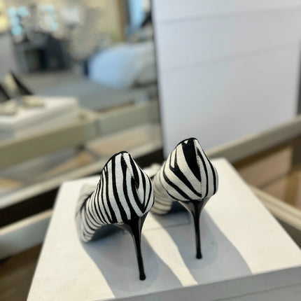 BALMAIN 25S HIGH HEELS 95MM IN WHITE AND BLACK ZEBRA PRINT CALFSKIN