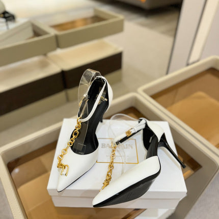 BALMAIN 25S SYNC STILETTOS WITH POINTED TOE 95MM IN WHITE CALFSKIN