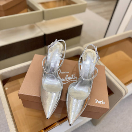 CHRISTIAN LOUBOUTIN 26S JENLOVE HEEL SLINGBACKS 105 MM IN SILVER CALFSKIN