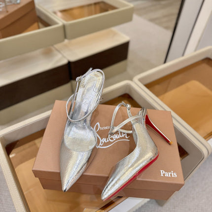 CHRISTIAN LOUBOUTIN 26S JENLOVE HEEL SLINGBACKS 105 MM IN SILVER CALFSKIN