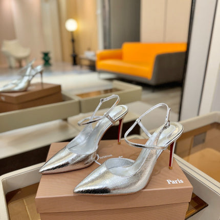 CHRISTIAN LOUBOUTIN 26S JENLOVE HEEL SLINGBACKS 105 MM IN SILVER CALFSKIN