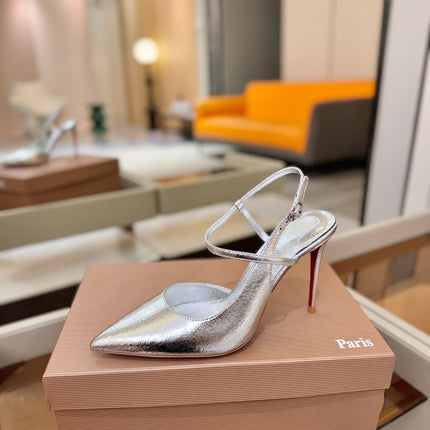 CHRISTIAN LOUBOUTIN 26S JENLOVE HEEL SLINGBACKS 105 MM IN SILVER CALFSKIN
