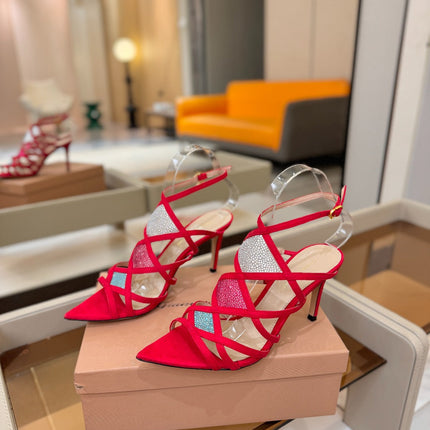 GIANVITO ROSSI 26S CROSS STRAP HEELS 85 MM IN RED SUEDE
