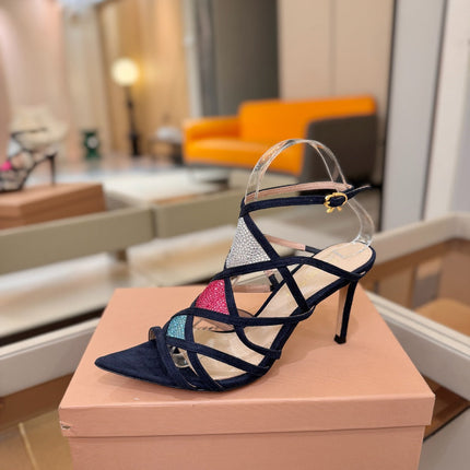 GIANVITO ROSSI 26S CROSS STRAP HEELS 85 MM IN NAVY BLUE SUEDE