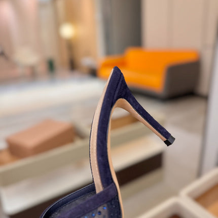GIANVITO ROSSI 26S POINTED TOE HIGH HEELS 85 MM IN DEEP PURPLE BLUE SUEDE WITH RHINESTONE STRAP