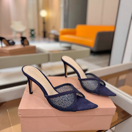 GIANVITO ROSSI 26S POINTED TOE HIGH HEELS 85 MM IN DEEP PURPLE BLUE SUEDE WITH RHINESTONE STRAP