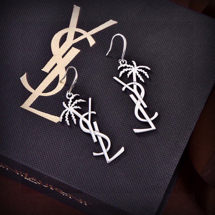 YSL 26S PALM TREE LOGO DROP EARRINGS IN SILVER TONE METAL 634997