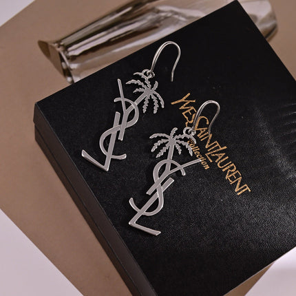 YSL 26S PALM TREE LOGO DROP EARRINGS IN SILVER TONE METAL 634997