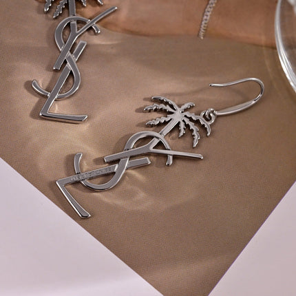 YSL 26S PALM TREE LOGO DROP EARRINGS IN SILVER TONE METAL 634997