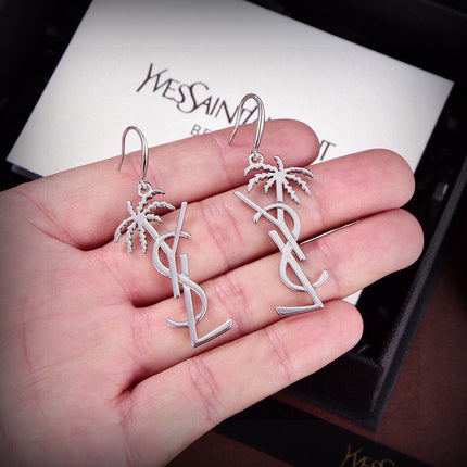 YSL 26S PALM TREE LOGO DROP EARRINGS IN SILVER TONE METAL 634997