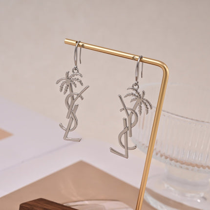 YSL 26S PALM TREE LOGO DROP EARRINGS IN SILVER TONE METAL 634997