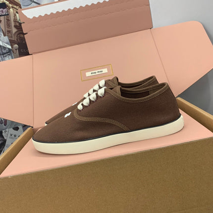MIUMIU 26S LACE UP SNEAKERS IN DARK BROWN CANVAS RUBBER SOLE