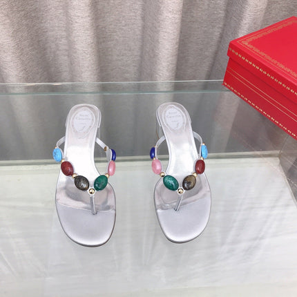RENE CAOVILLA 26S THONG SANDALS 45 MM IN SILVER LAMBSKIN