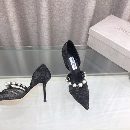 JIMMY CHOO 26S HIGH HEELS 85 MM IN BLACK LACE PEARL-EMBELLISHED