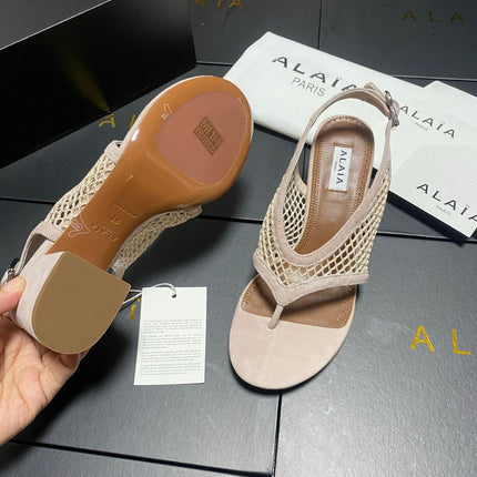 ALAIA 26S MESH THONG HEELS 55 MM IN BEIGE SUEDE