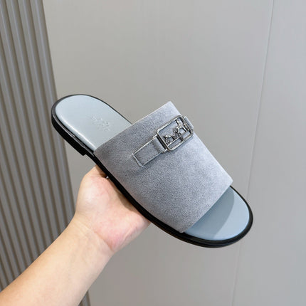 HM SILVER BUCKLE SLIPPERS CERULEAN SUEDE