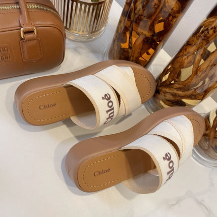 WOODY WEDGE SANDALS IN WHITE CANVAS WITH CIDER BROWN RUBBER SOLE