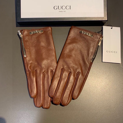 TOUCHSCREEN GLOVES WITH SIDE ZIPPER IN CARAMEL BROWN LAMBSKIN 456310
