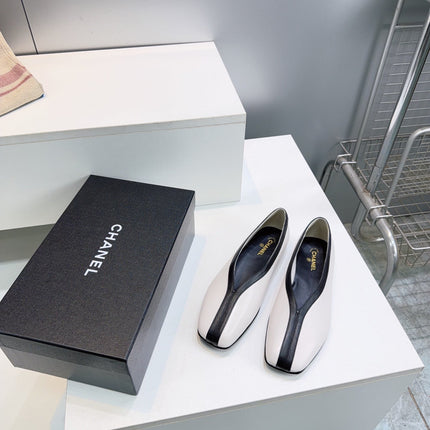 CHANEL 26S SQUARE-TOE FLATS IN WHITE LAMBSKIN WITH BLACK TRIM