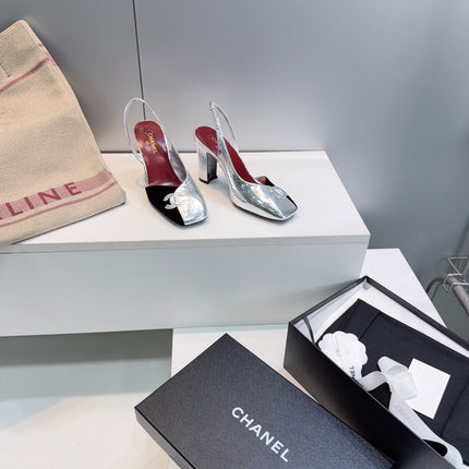 CHANEL 26S SLINGBACK 100 MM IN SILVER LAMBSKIN AND BLACK SUEDE