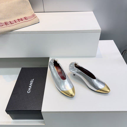 CHANEL 26S COLOR-BLOCK HIGH HEELS 45 MM IN SILVER AND GOLD LAMBSKIN