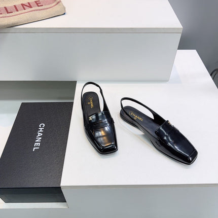 CHANEL 26S SLINGBACK FLATS IN BLACK PATENT LAMBSKIN