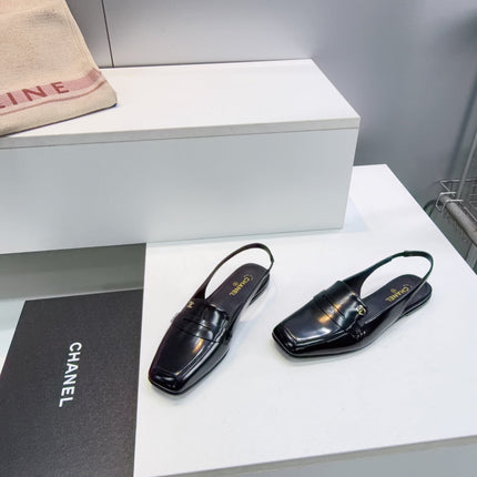 CHANEL 26S SLINGBACK FLATS IN BLACK PATENT LAMBSKIN