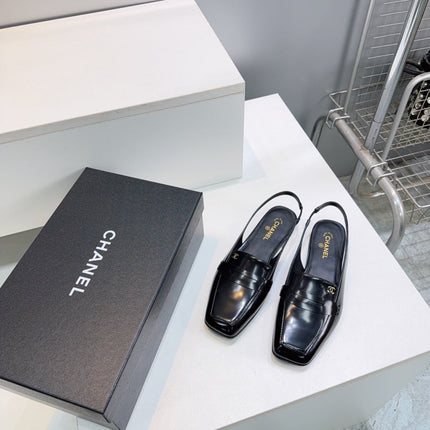 CHANEL 26S SLINGBACK FLATS IN BLACK PATENT LAMBSKIN
