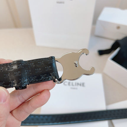CELINE 25S BELT TRIOMPHE 25MM IN BLACK CALFSKIN DEBOSSED LOGO 563329