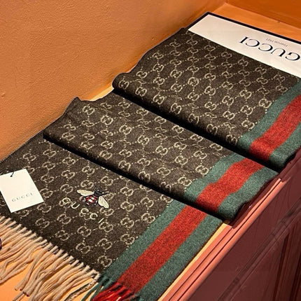 SCARF 180 CM IN CAROB BROWN CASHMERE WITH BEE PATTERN 396475