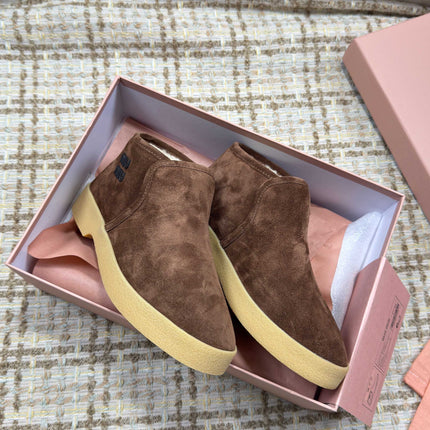 MIUMIU 26S SLIP-ON BOOTIES IN DARK BROWN SUEDE WITH SHEARLING