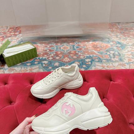 GG RHYTON TRAINER WHITE CALFSKIN WITH PINK LOGO