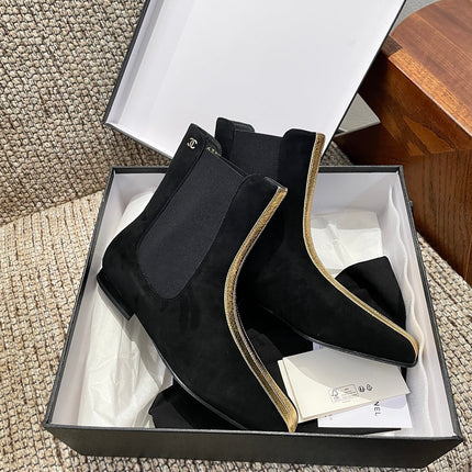 CHANEL 26S ANKLE BOOTS IN BLACK SUEDE WITH CONTRASTING GOLD TONE TRIM