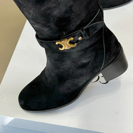 CELINE 26S HIGH-TOP BOOTS IN BLACK SUEDE WITH GOLD HARDWARE