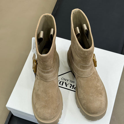 PRADA 25S PLATFORM ANKLE BOOTS IN DARK BEIGE SUEDE WITH GOLD HARDWARE