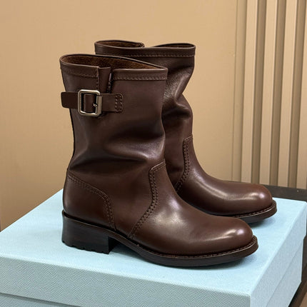PRADA 25S ANKLE BOOTS IN BROWN CALFSKIN