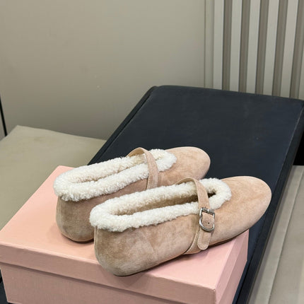 ALAIA 25S MARY JANE SHEARLING FLATS IN LIGHT BROWN SUEDE
