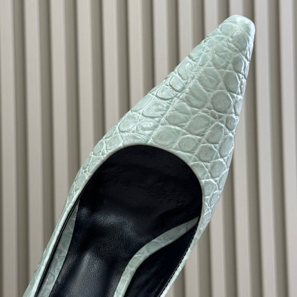 ALAIA 25S POINTY TOE PUMPS 90MM IN CELADON GREEN CALFSKIN