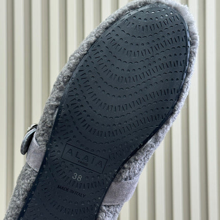 ALAIA 25S COZY MARY JANE SHEARLING FLATS IN DARK GRAY