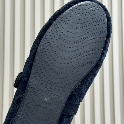 ALAIA 25S COZY MARY JANE SHEARLING FLATS IN BLACK