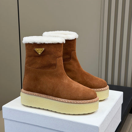PRADA 25S ANKLE BOOTS 40 MM IN DARK BROWN SUEDE SHEARLING-LINED