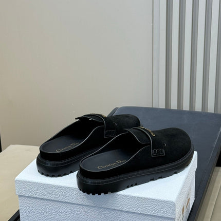 DIOR 26S BOY MULE IN BLACK SUEDE GOLD HARDWARE
