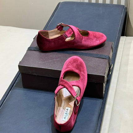 ALAIA 26S MARY JANE BALLET FLATS IN DARK RED VELVET