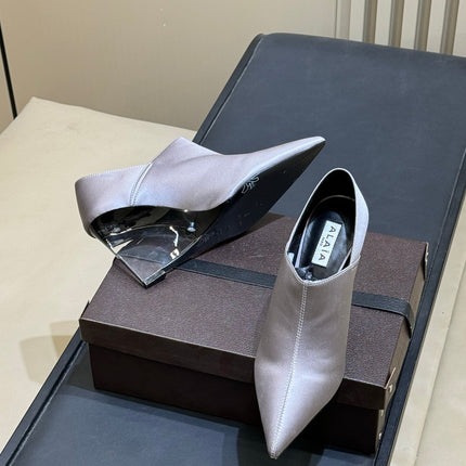 ALAIA 26S TRANSPARENT HIGH HEELS IN LAVENDER GRAY SATIN
