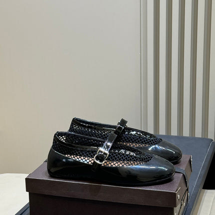 ALAIA 26S MARY JANE BALLET FLATS IN BLACK MESH AND GLOSSY CALFSKIN